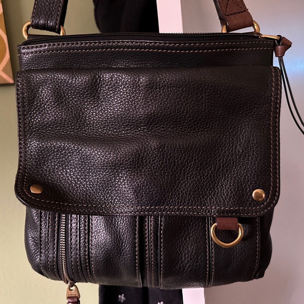 Fossil Leather Black with brown accents large Crossbody Bag